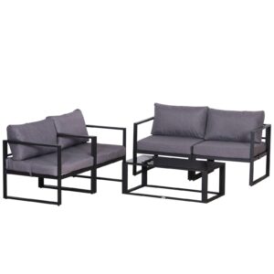 Havemøbelsæt med fire dele, siddegruppe, sofa med sædehynder, bord med opbevaringsplads, polyester, grå, 138 x 69 x 63 cm