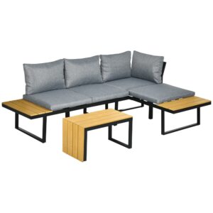 Havemøbelsæt til 3 personer, balkonmøbler med siddehynder, aluminiumsstel, trælook, mørkegrå + natur