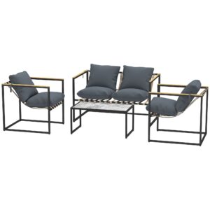 4-Delt havemøbelsæt, udendørsmøbelsæt, 2 lænestole, 2-personers sofa, 1 bord, polstret, stål, polyester, grå